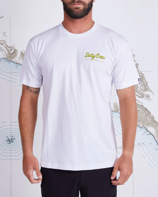 LARGEMOUTH PREMIUM SHORT SLEEVE TEE WHITE SALTY CREW 100% COTTON SCREEN PRINTED FRONT AND BACK REGULAR FIT MENS GREEN FISHING FISH 