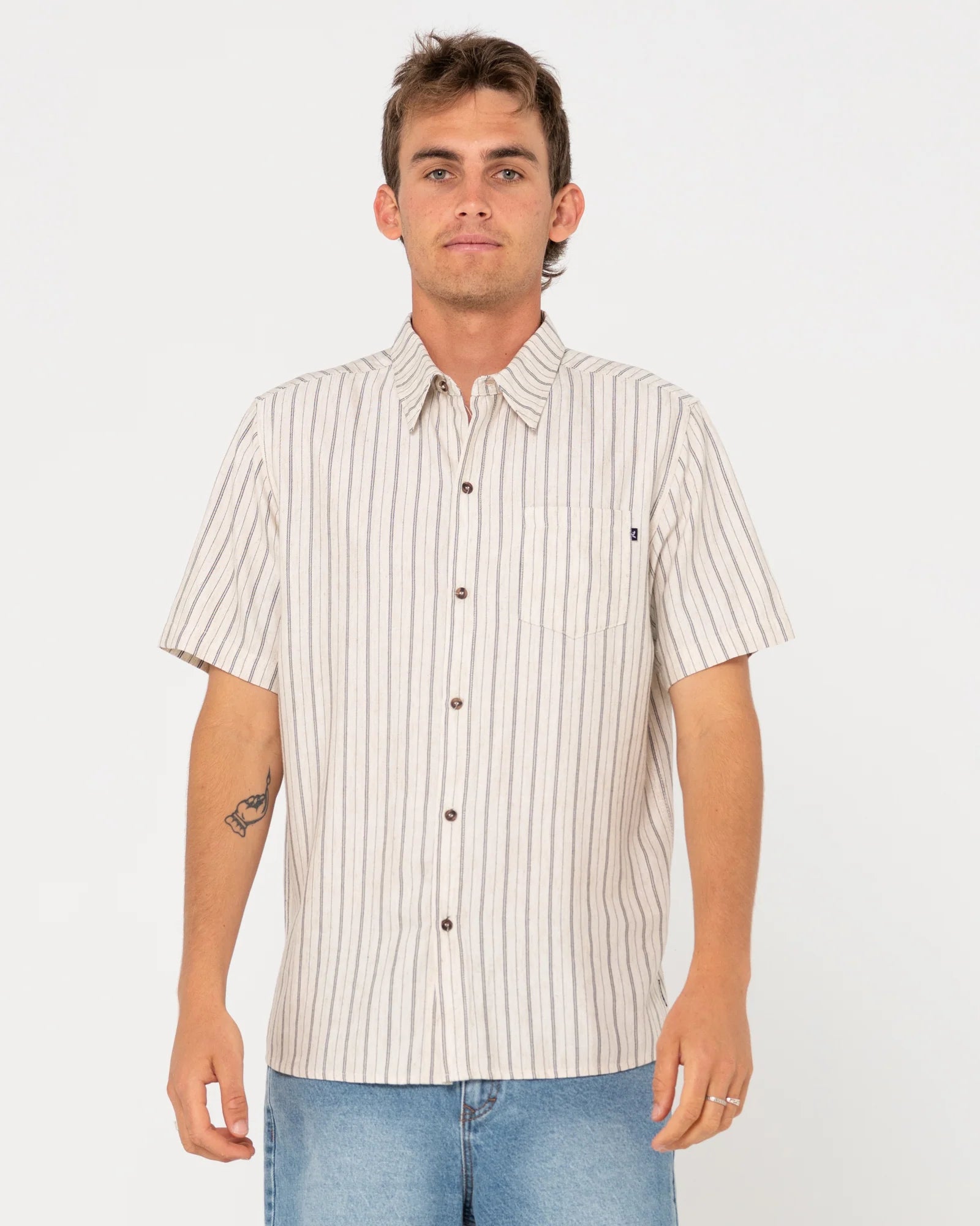 PINSTRIPE RELAXED FIT SHORT SLEEVE SHIRT, RUSTY, DRESS SHIRT, MENS SHIRT, RUSTY MENS, MENS BUTTON UP SHIRT