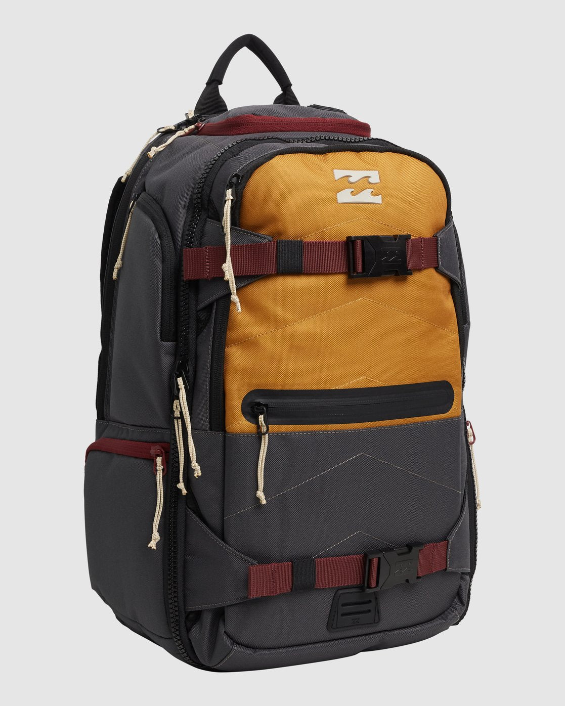 billabong backpack combat multicoloured mustard yellow burnt red charcoal multiple pockets buckle zip