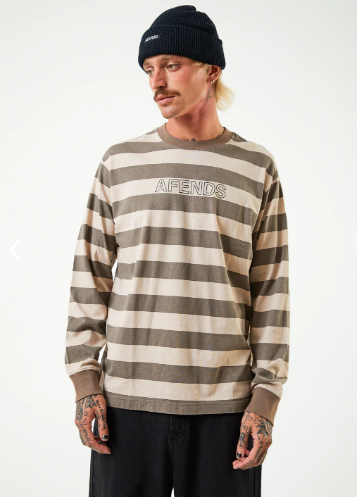 SIDELINE LONG SLEEVE STRIPED TEE beechwood afends Mens Long Sleeve T-Shirt Relaxed Fit Wide Ribbed Neckline Thick Striped Design Contrasting Front Logo