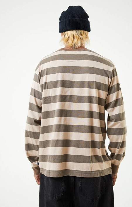 SIDELINE LONG SLEEVE STRIPED TEE beechwood afends Mens Long Sleeve T-Shirt Relaxed Fit Wide Ribbed Neckline Thick Striped Design Contrasting Front Logo