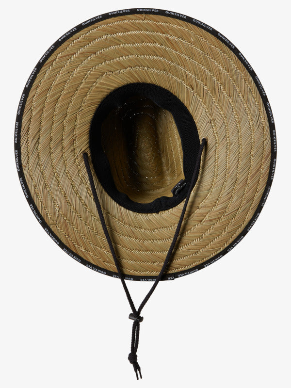 DREDGED QUIKSILVER BLACK MENS STRAW WIDE BRIMMED HAT Woven straw design with pattern on centre crown  Embroidered patch on front  Tape around brim