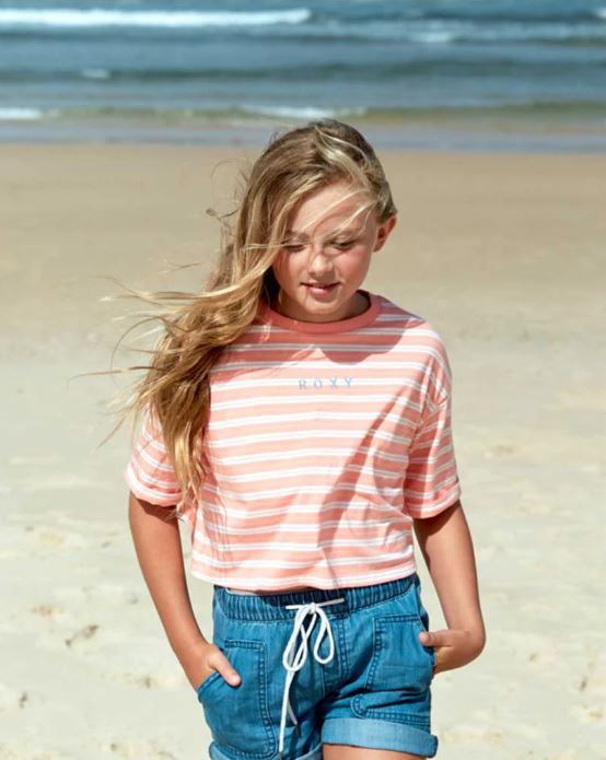 ROXY HAPPINESS BEGINS PINK WHITE BLUE STRIPED CROPPED TSHIRT GIRLS TEE